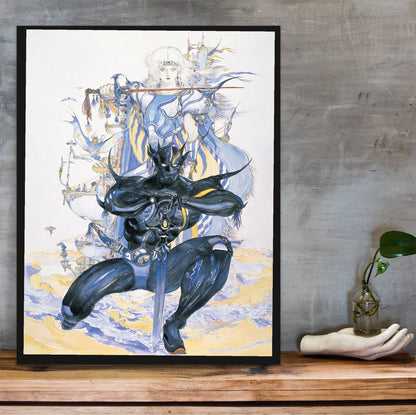 Final Fantasy IV Packaging Art Amano poster in a black frame on a wooden shelf against concrete