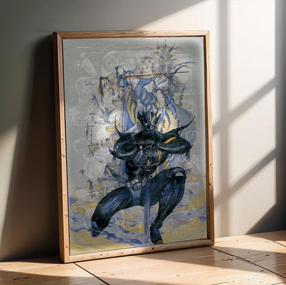 Final Fantasy IV Packaging Art Amano poster in an oak frame leaning on a wooden floor