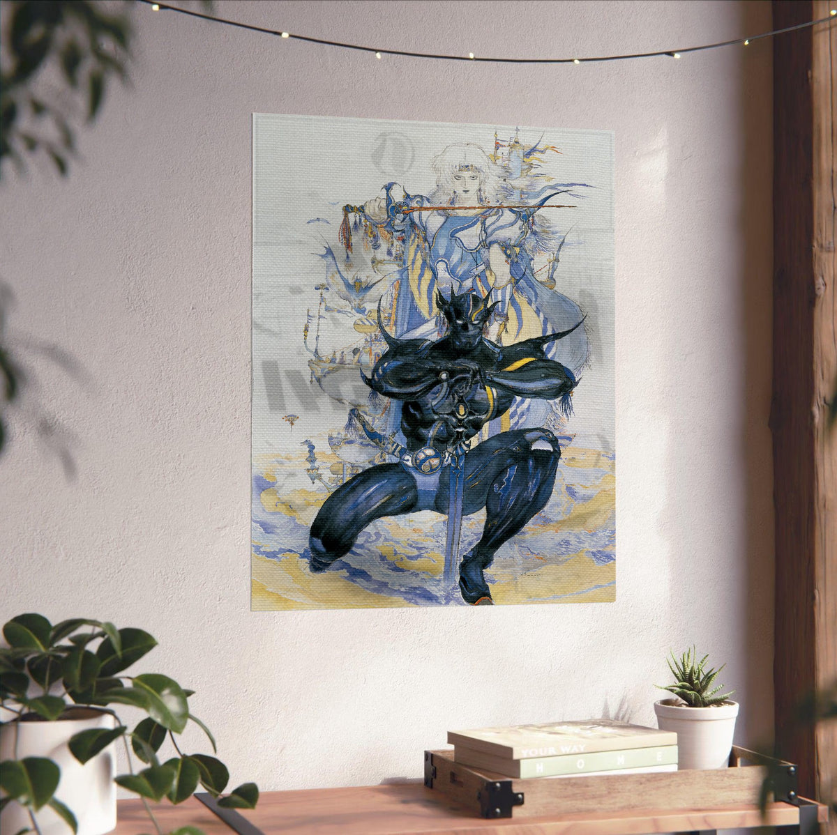 Final Fantasy IV Packaging Art Amano poster unframed on a white wall above a desk