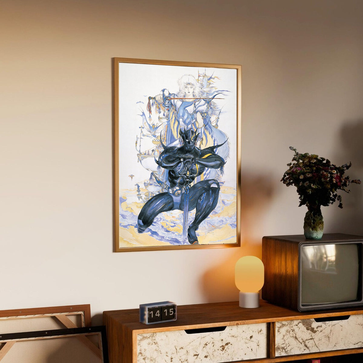 Final Fantasy IV Packaging Art Amano poster in an oak frame above a sideboard