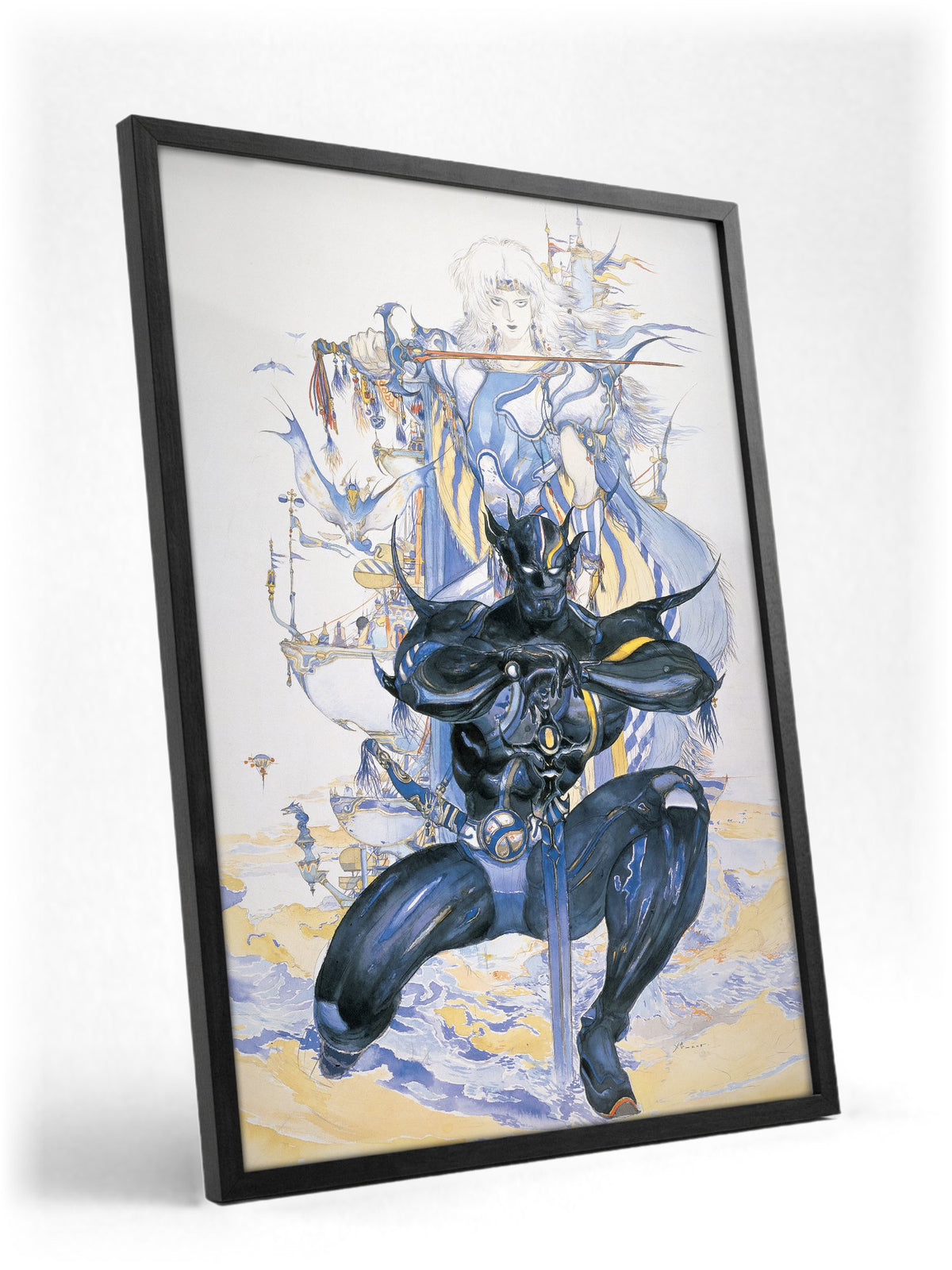 Final Fantasy IV Packaging Art Amano poster in a black frame with glass leaning against a wall