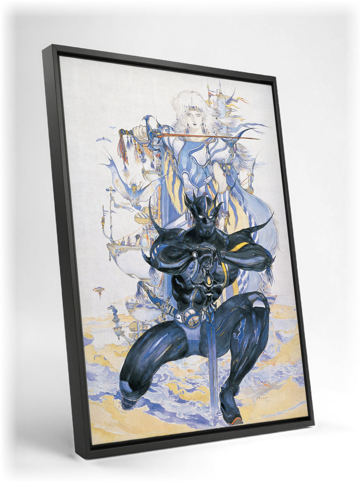 Final Fantasy IV Packaging Art Amano as a black floater framed canvas leaning against a wall