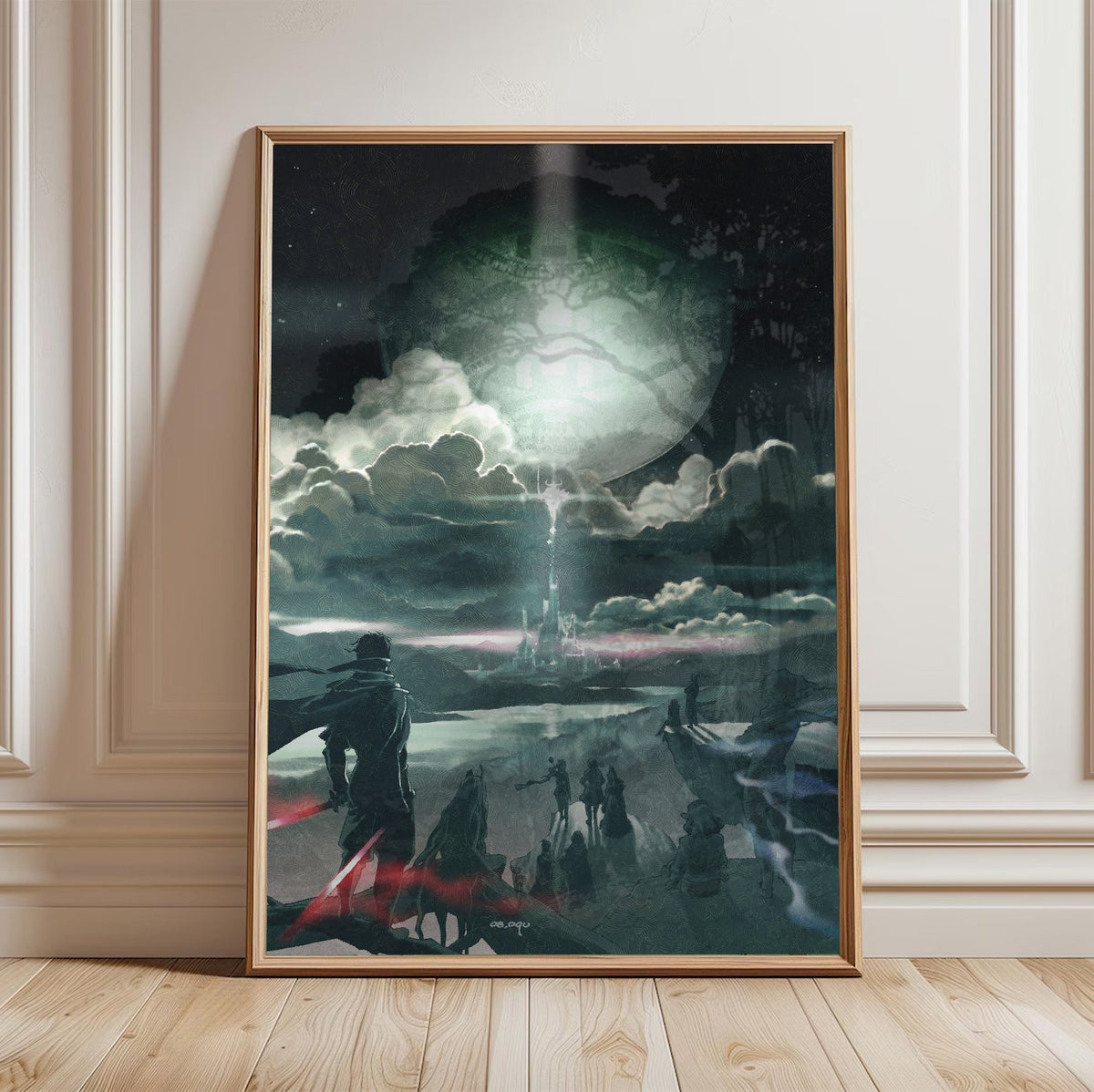 Final Fantasy IV The After Years Key Art poster in a light oak frame leaning against a white wall