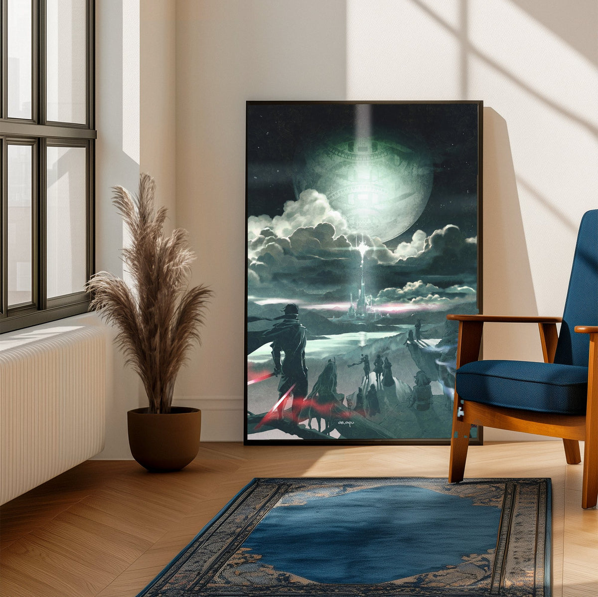 Final Fantasy IV The After Years Key Art poster framed beside a blue armchair in a sunlit room
