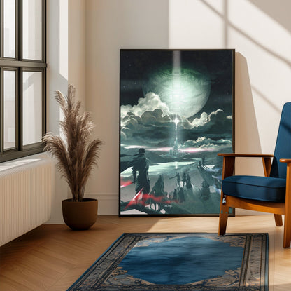 Final Fantasy IV The After Years Key Art poster framed beside a blue armchair in a sunlit room