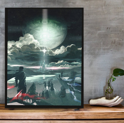 Final Fantasy IV The After Years Key Art poster in a black frame on a wooden shelf against concrete