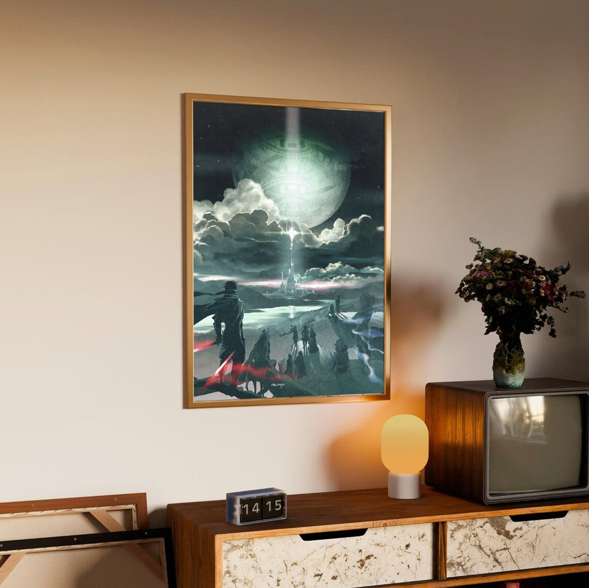 Final Fantasy IV The After Years Key Art poster in an oak frame above a sideboard