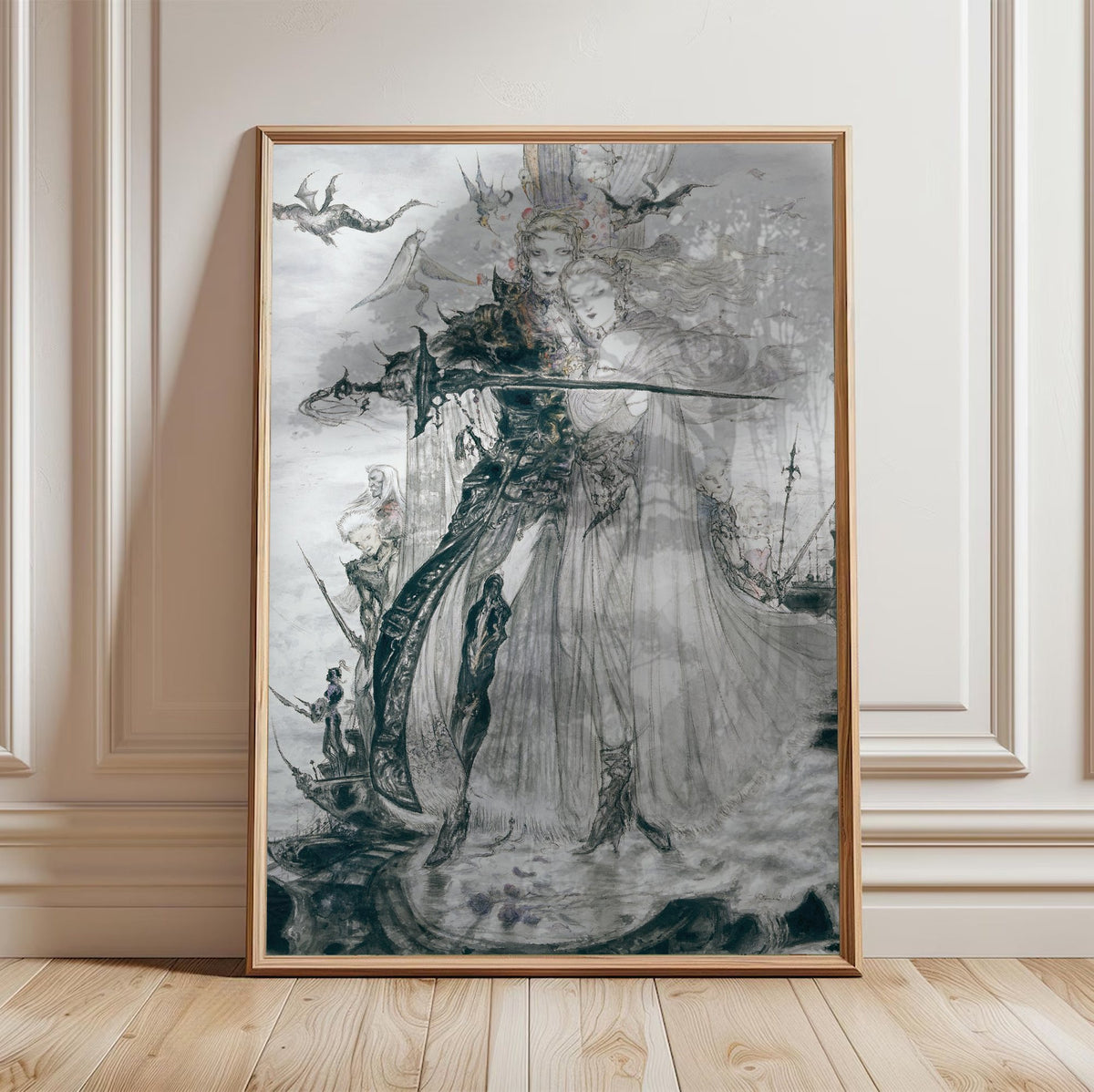 Final Fantasy V Advance Illustration Amano poster in a light oak frame leaning against a white wall