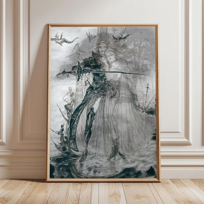 Final Fantasy V Advance Illustration Amano poster in a light oak frame leaning against a white wall