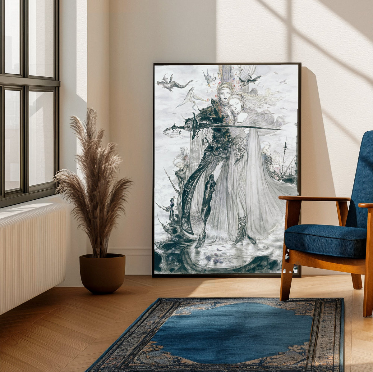 Final Fantasy V Advance Illustration Amano poster framed beside a blue armchair in a sunlit room