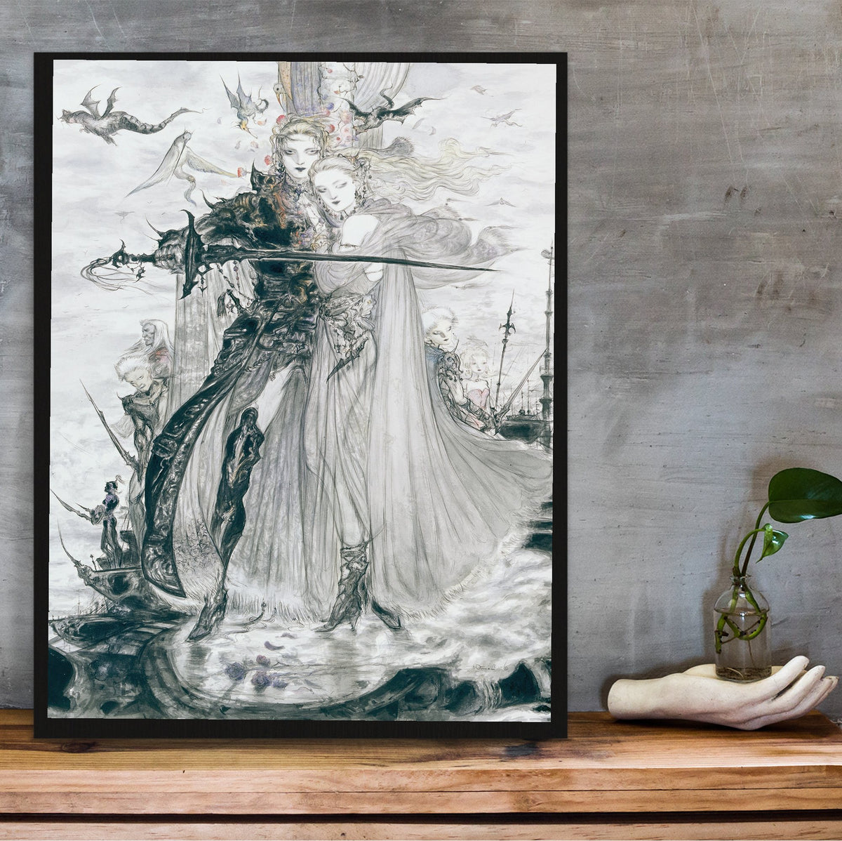 Final Fantasy V Advance Illustration Amano poster in a black frame on a wooden shelf against concrete