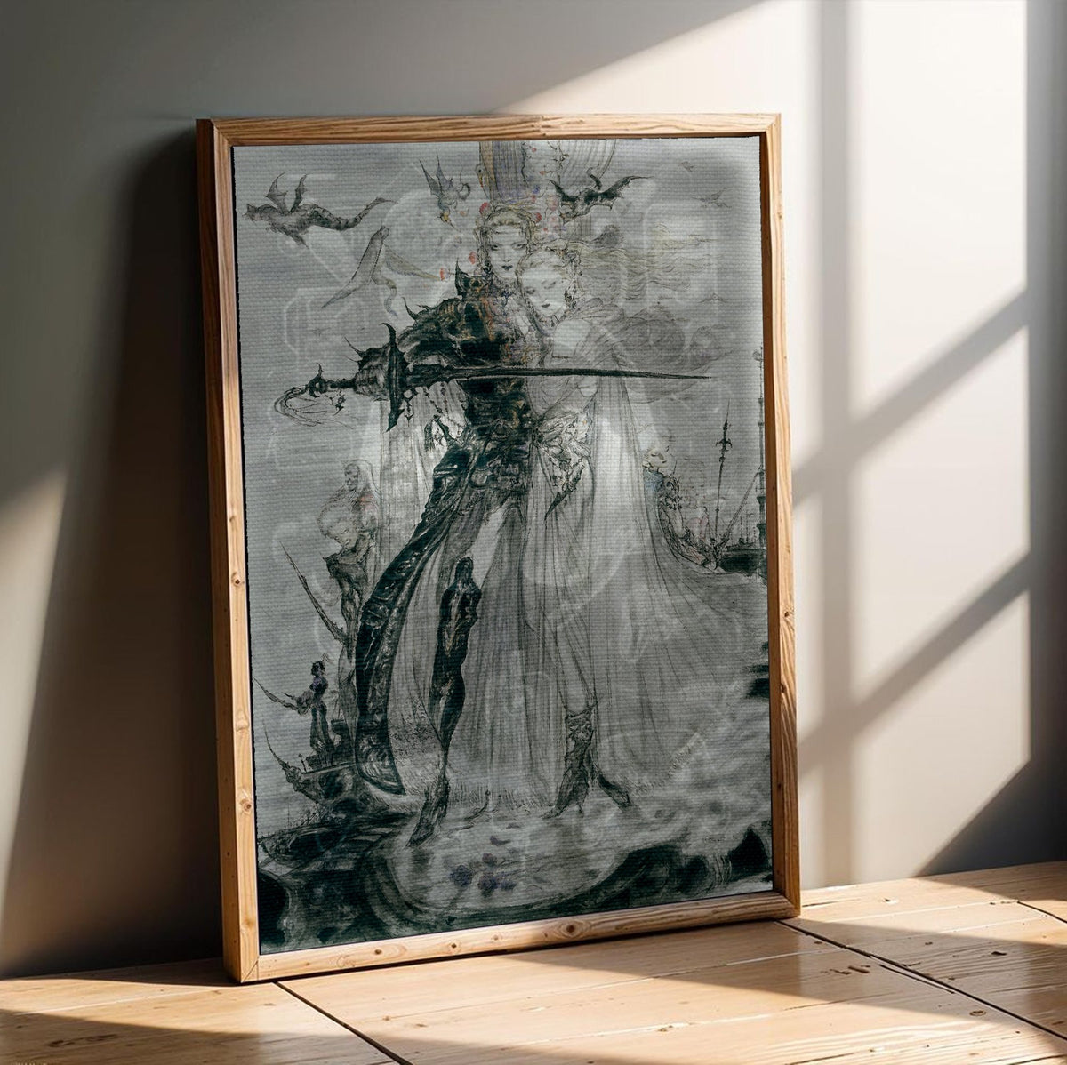 Final Fantasy V Advance Illustration Amano poster in an oak frame leaning on a wooden floor