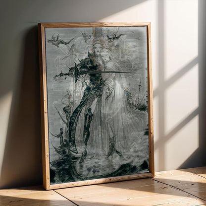 Final Fantasy V Advance Illustration Amano poster in an oak frame leaning on a wooden floor
