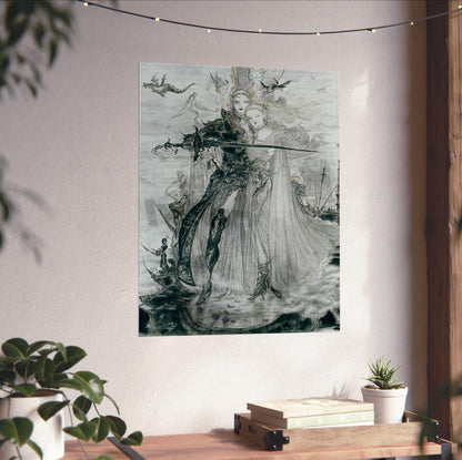 Final Fantasy V Advance Illustration Amano poster unframed on a white wall above a desk