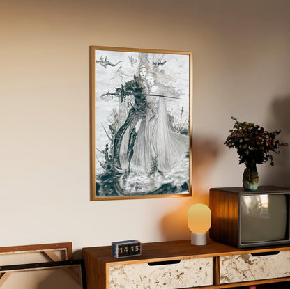 Final Fantasy V Advance Illustration Amano poster in an oak frame above a sideboard