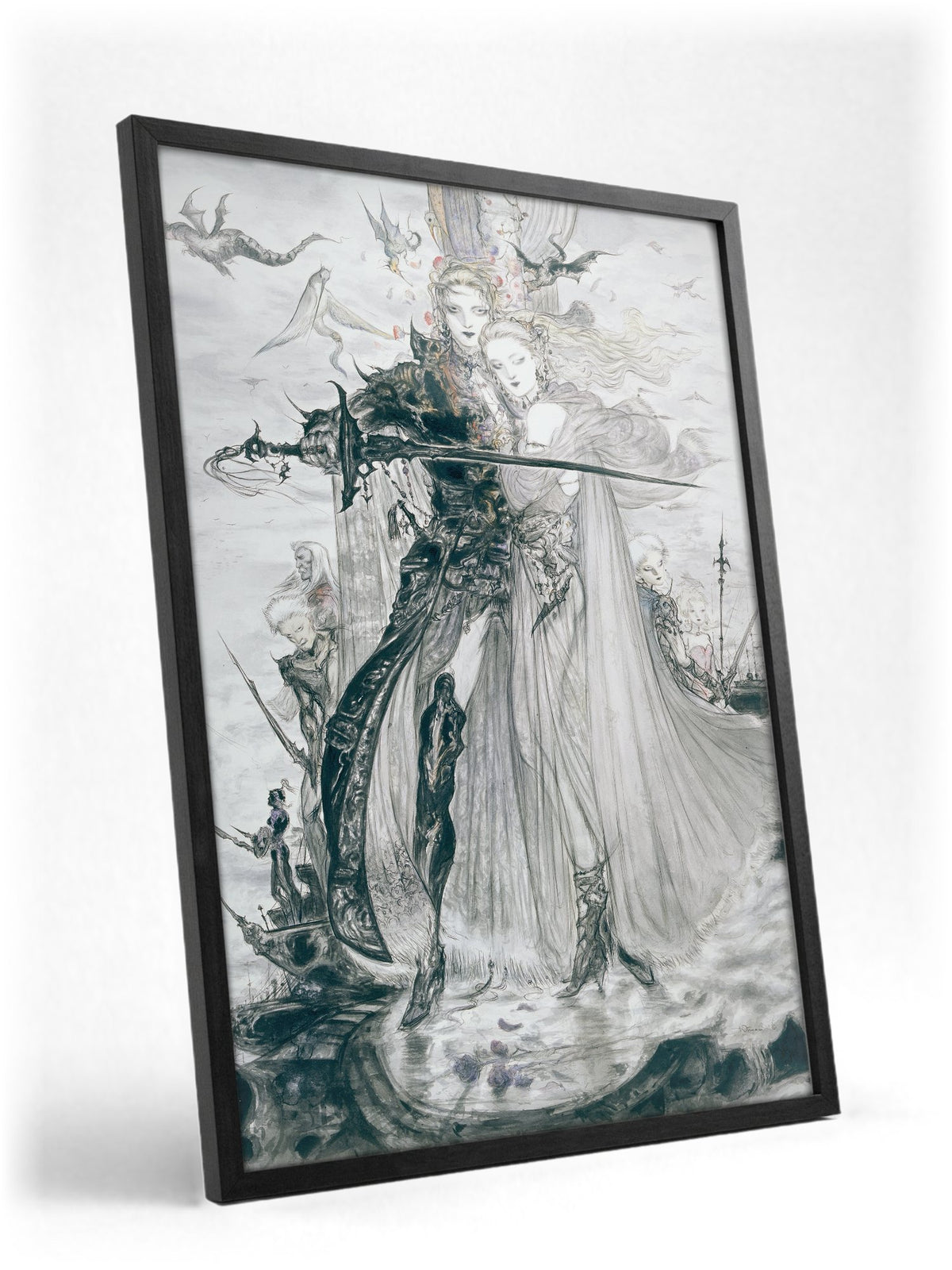 Final Fantasy V Advance Illustration Amano poster in a black frame with glass leaning against a wall