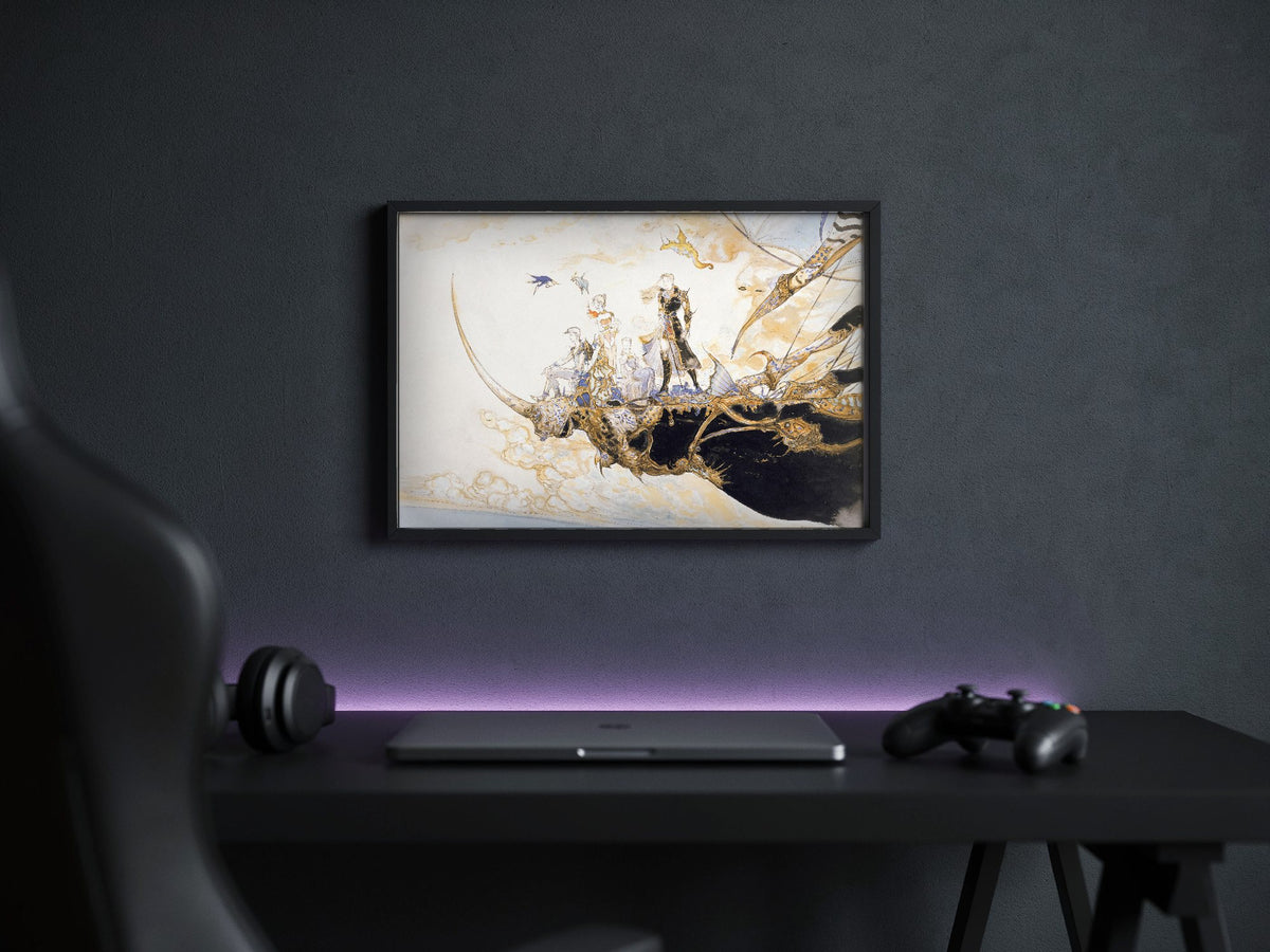 Final Fantasy V The Departure Amano poster in a black frame above a gaming desk