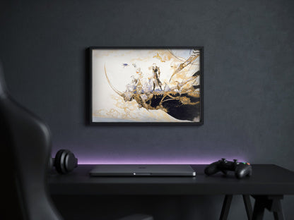 Final Fantasy V The Departure Amano poster in a black frame above a gaming desk