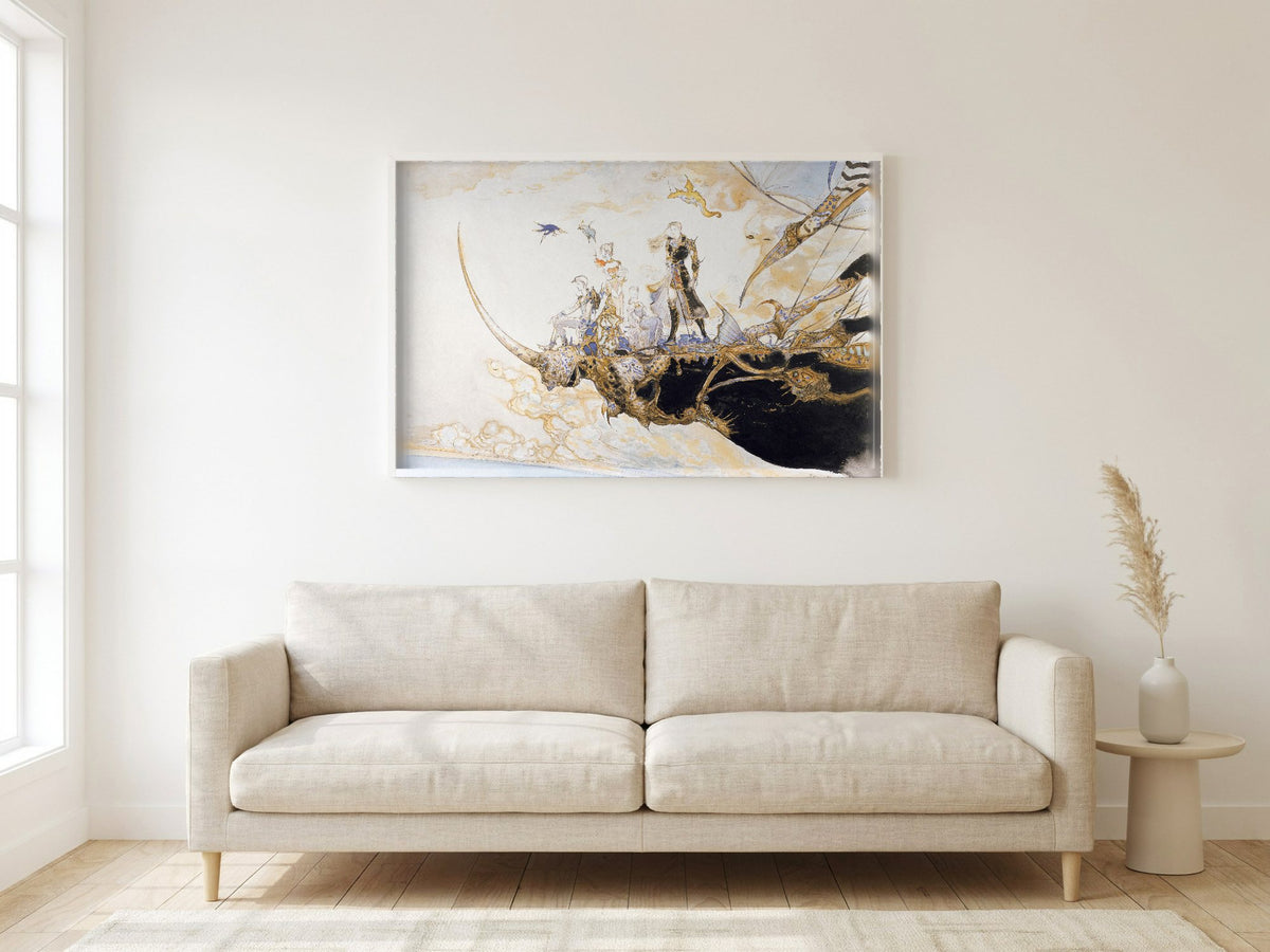 Final Fantasy V The Departure Amano poster in a white frame in a living room