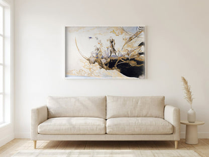 Final Fantasy V The Departure Amano poster in a white frame in a living room