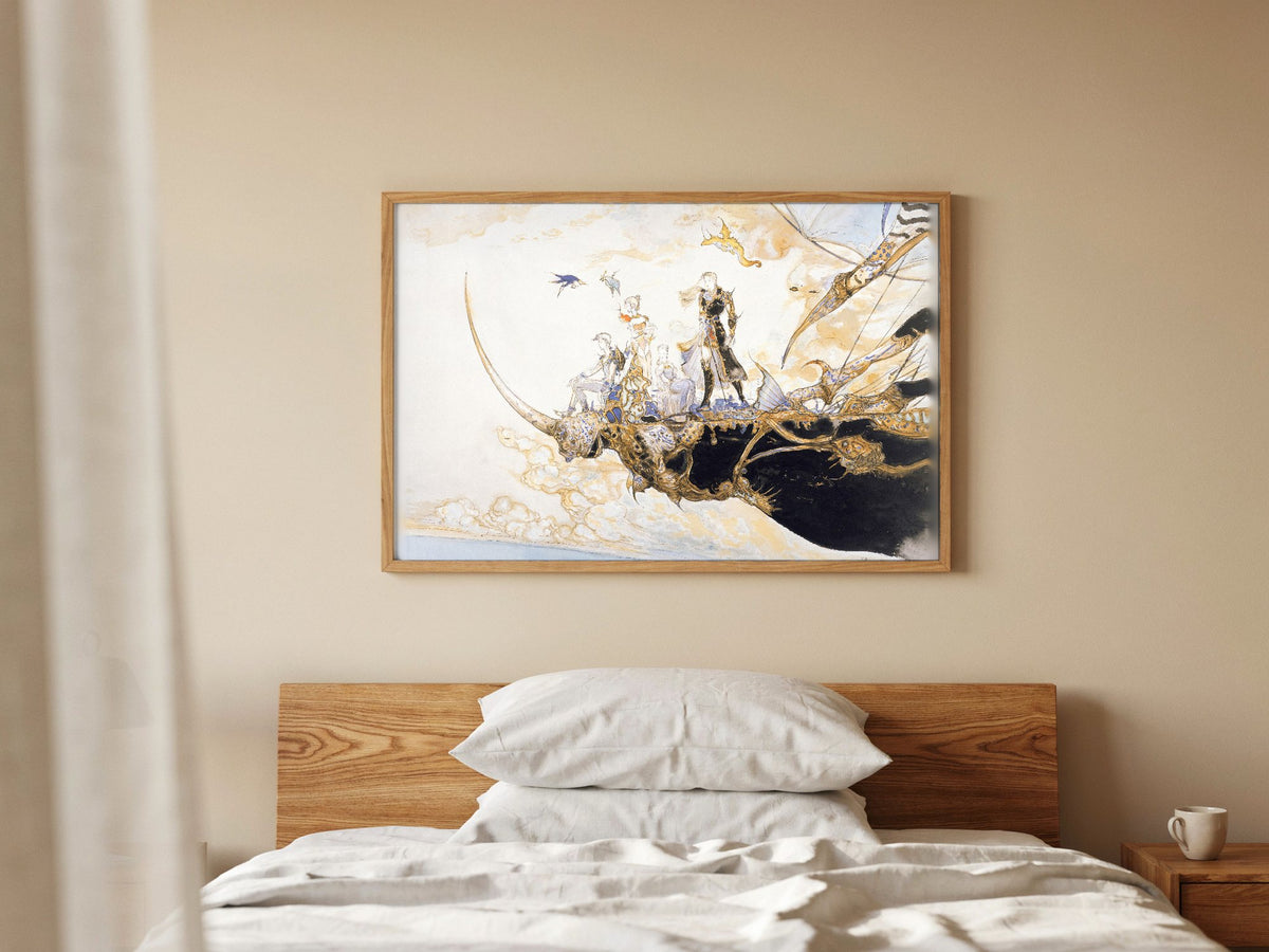 Final Fantasy V The Departure Amano poster in a natural oak frame above a bed