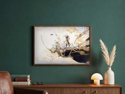 Final Fantasy V The Departure Amano poster in a dark walnut frame in a green study