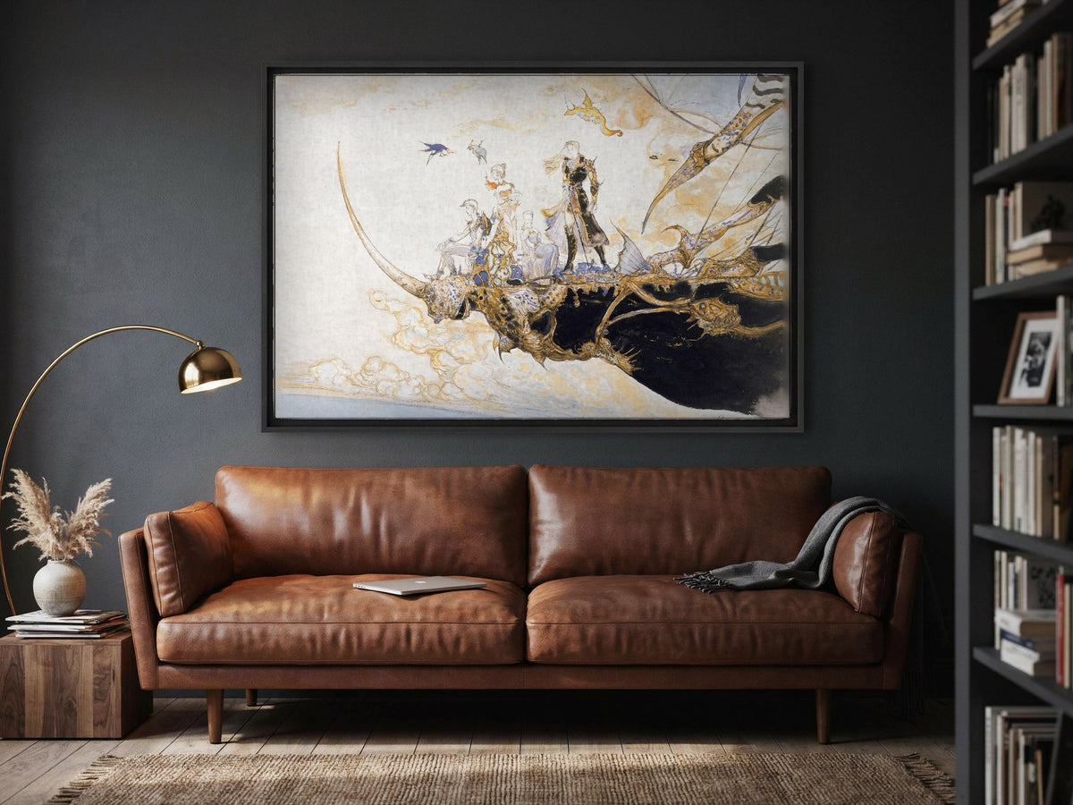 Final Fantasy V The Departure Amano as a black floater framed canvas in a media room