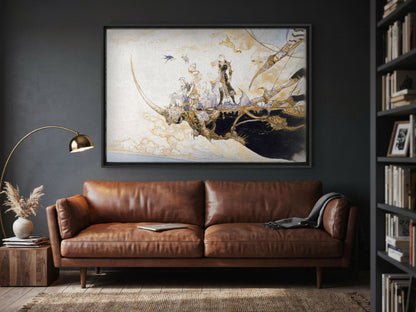 Final Fantasy V The Departure Amano as a black floater framed canvas in a media room