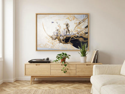 Final Fantasy V The Departure Amano as an oak floater framed canvas in a Scandinavian lounge