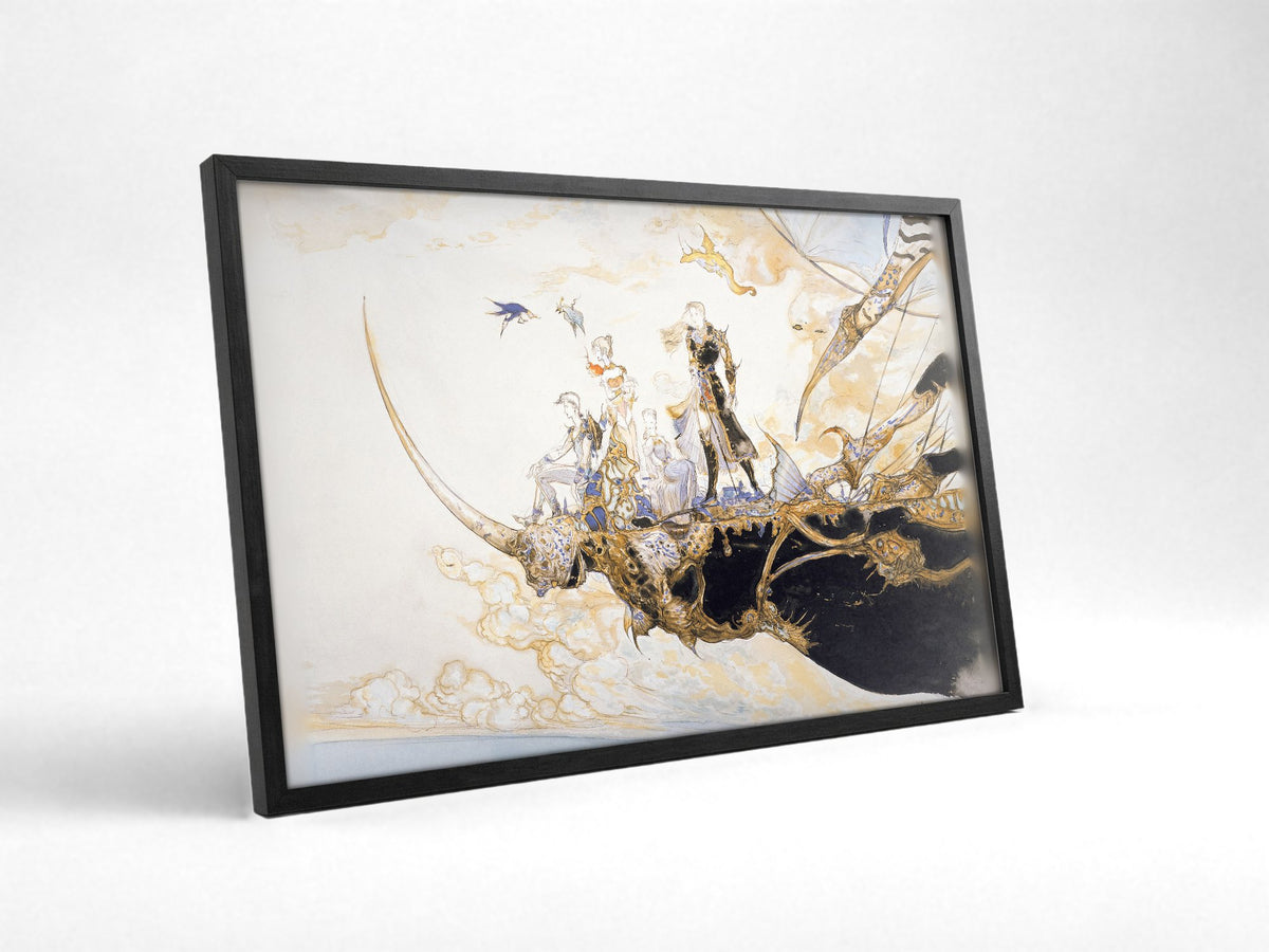 Final Fantasy V The Departure Amano poster in a black frame with glass leaning against a wall