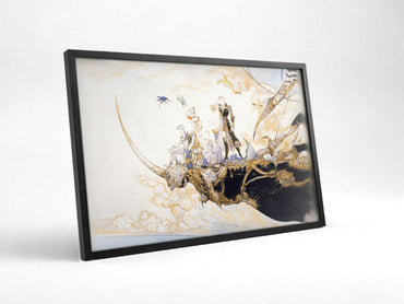 Final Fantasy V The Departure Amano poster in a black frame with glass leaning against a wall