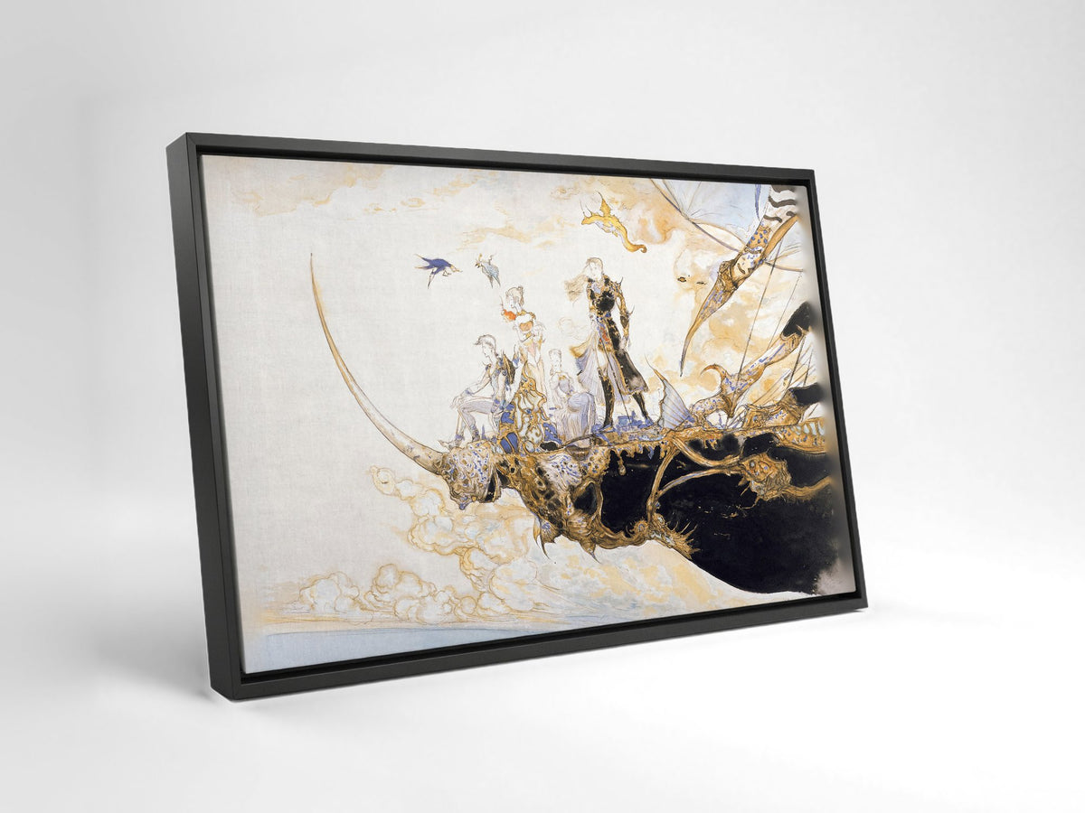 Final Fantasy V The Departure Amano as a black floater framed canvas leaning against a wall