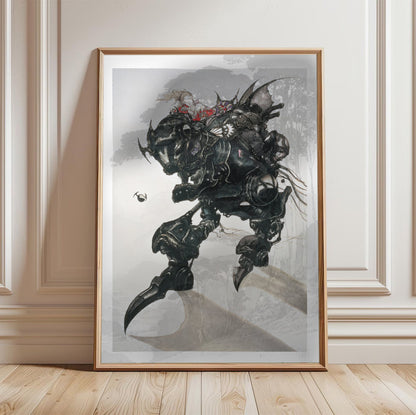 Final Fantasy VI Magitek Armor Amano poster in a light oak frame leaning against a white wall