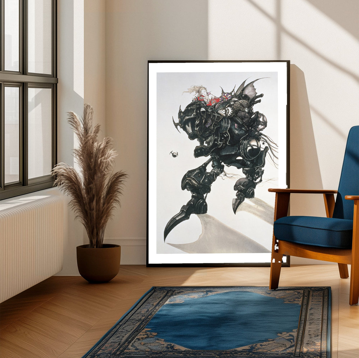 Final Fantasy VI Magitek Armor Amano poster framed beside a blue armchair in a sunlit room