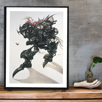 Final Fantasy VI Magitek Armor Amano poster in a black frame on a wooden shelf against concrete