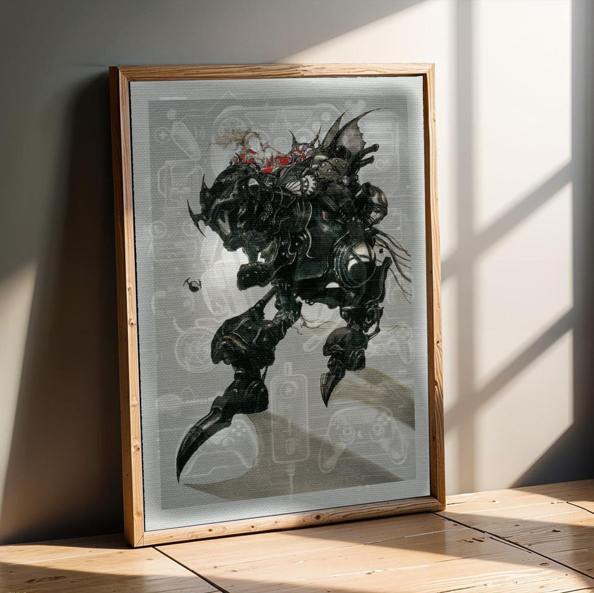 Final Fantasy VI Magitek Armor Amano poster in an oak frame leaning on a wooden floor