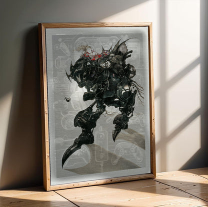 Final Fantasy VI Magitek Armor Amano poster in an oak frame leaning on a wooden floor