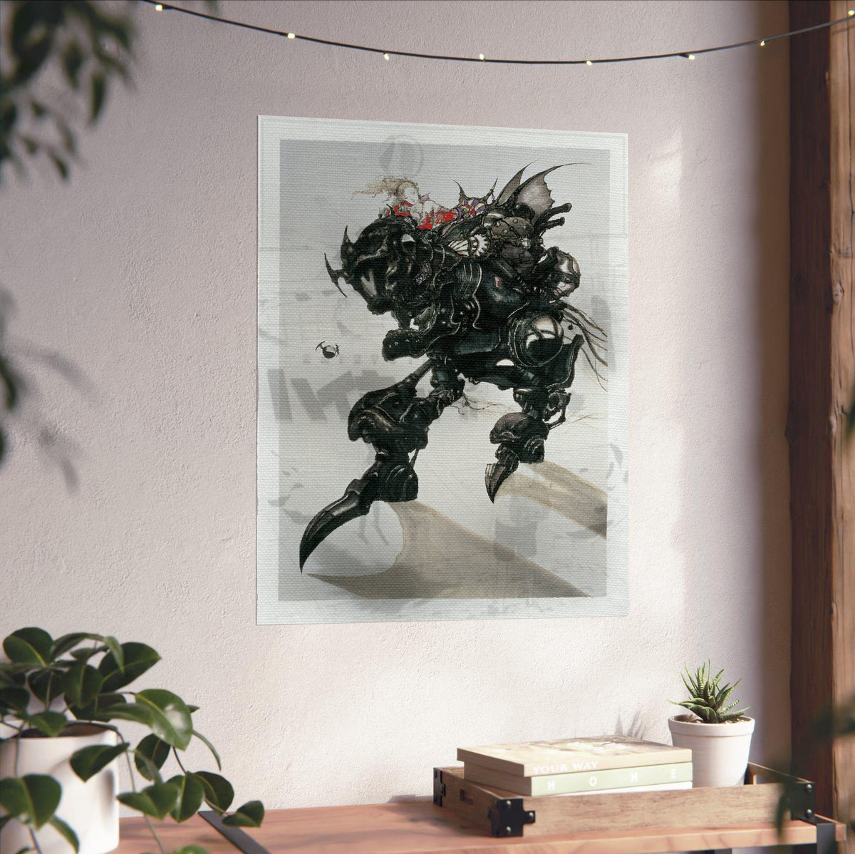 Final Fantasy VI Magitek Armor Amano poster unframed on a white wall above a desk