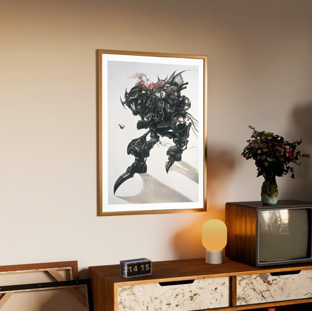 Final Fantasy VI Magitek Armor Amano poster in an oak frame above a sideboard