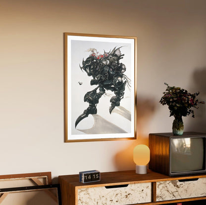 Final Fantasy VI Magitek Armor Amano poster in an oak frame above a sideboard