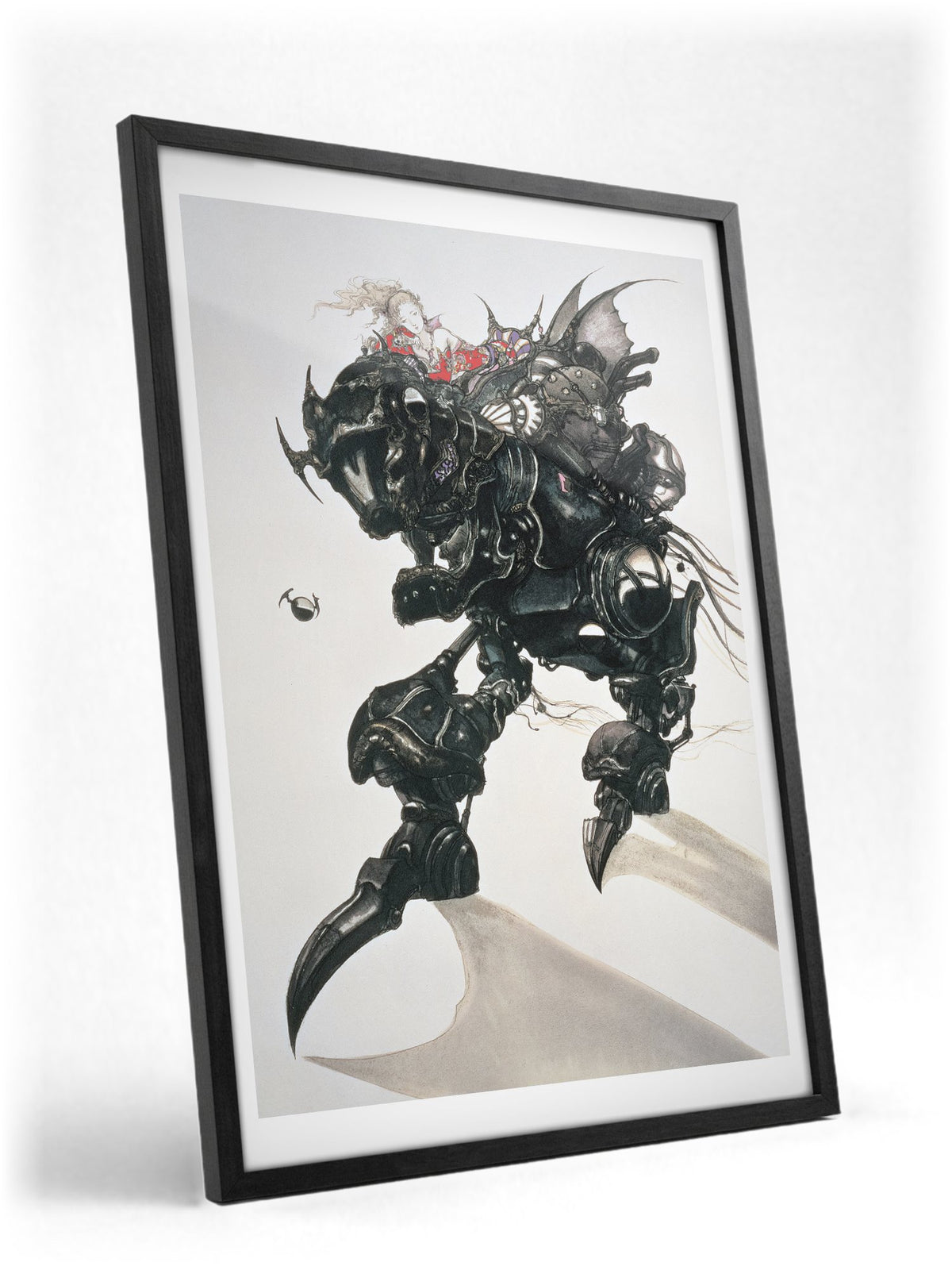 Final Fantasy VI Magitek Armor Amano poster in a black frame with glass leaning against a wall