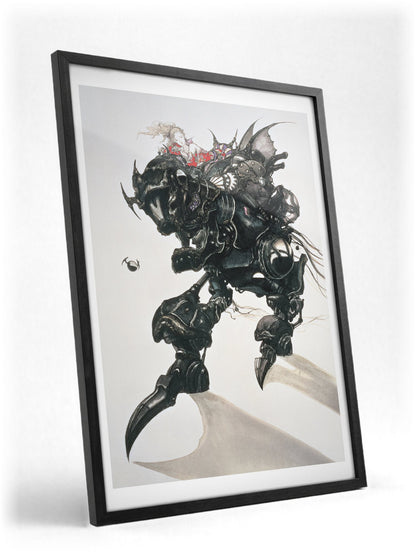 Final Fantasy VI Magitek Armor Amano poster in a black frame with glass leaning against a wall