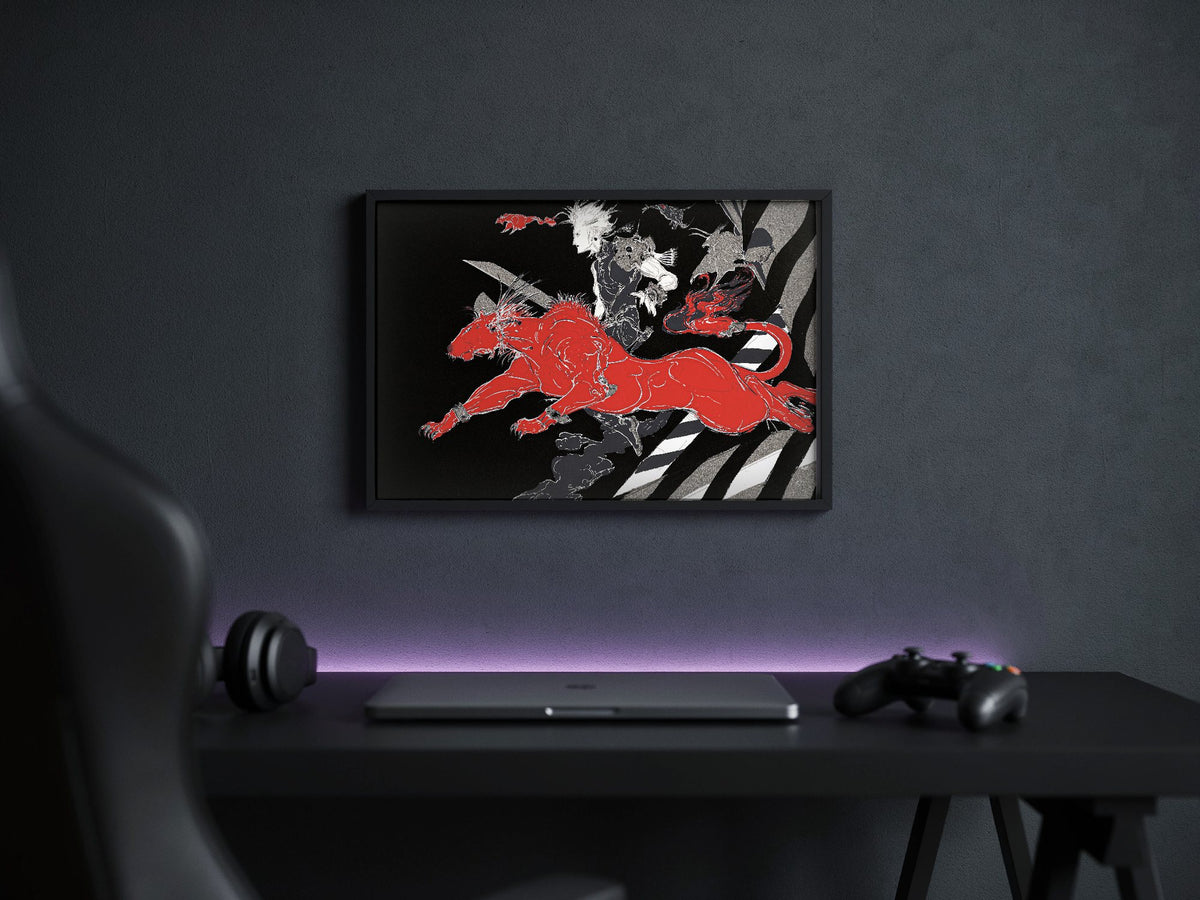 Final Fantasy VII A Blink Amano poster in a black frame above a gaming desk