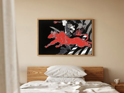 Final Fantasy VII A Blink Amano poster in a natural oak frame above a bed