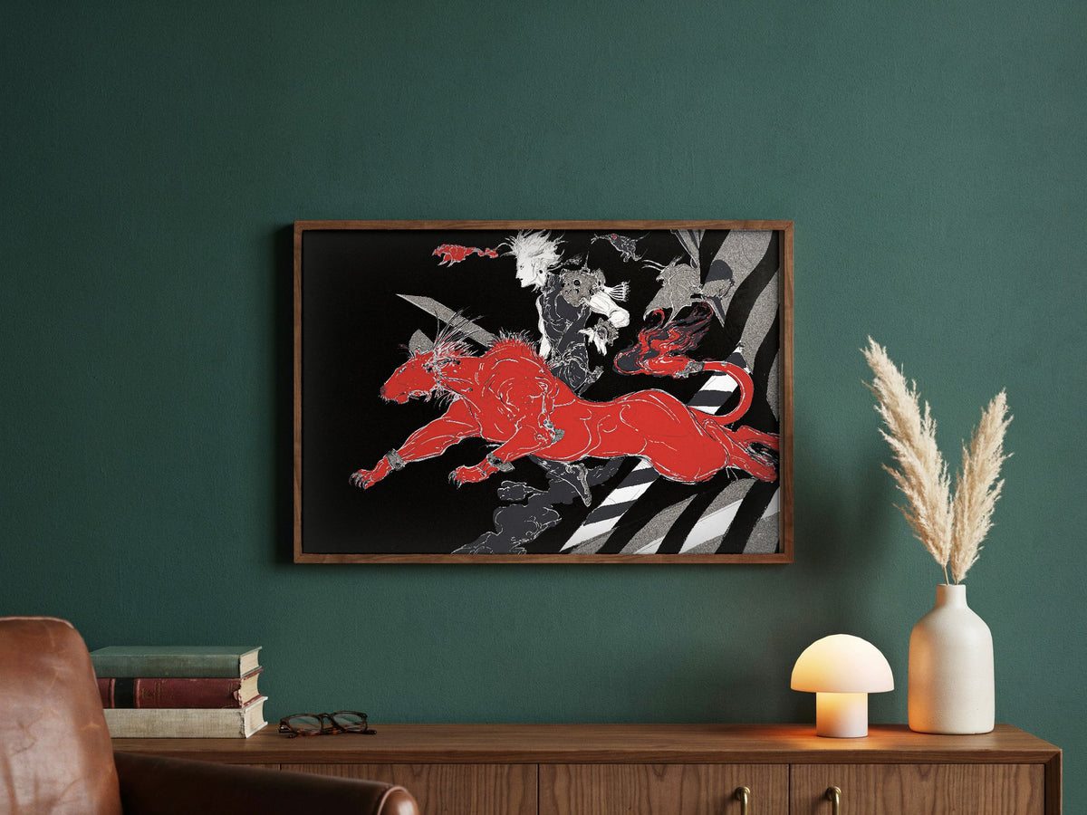 Final Fantasy VII A Blink Amano poster in a dark walnut frame in a green study