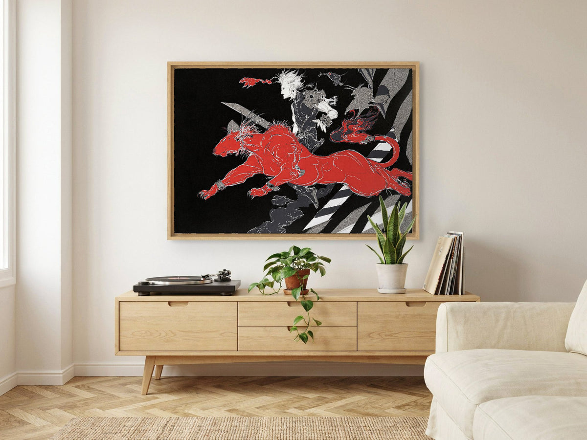 Final Fantasy VII A Blink Amano as an oak floater framed canvas in a Scandinavian lounge