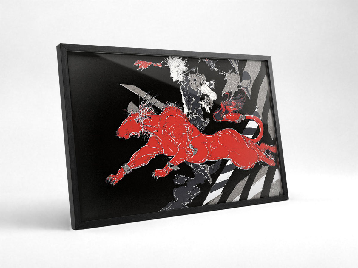 Final Fantasy VII A Blink Amano poster in a black frame with glass leaning against a wall