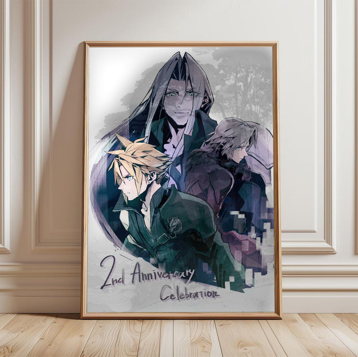 Final Fantasy VII Ever Crisis 2nd Anniversary poster in a light oak frame leaning against a white wall
