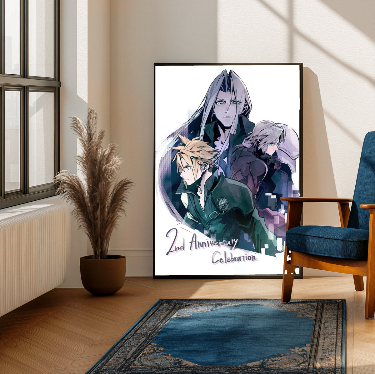 Final Fantasy VII Ever Crisis 2nd Anniversary poster framed beside a blue armchair in a sunlit room