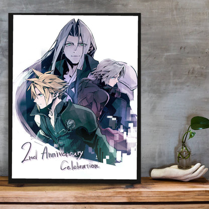 Final Fantasy VII Ever Crisis 2nd Anniversary poster in a black frame on a wooden shelf against concrete